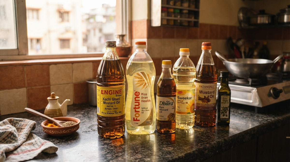 Bottles and pouches of cooking oil arranged neatly on a kitchen counter